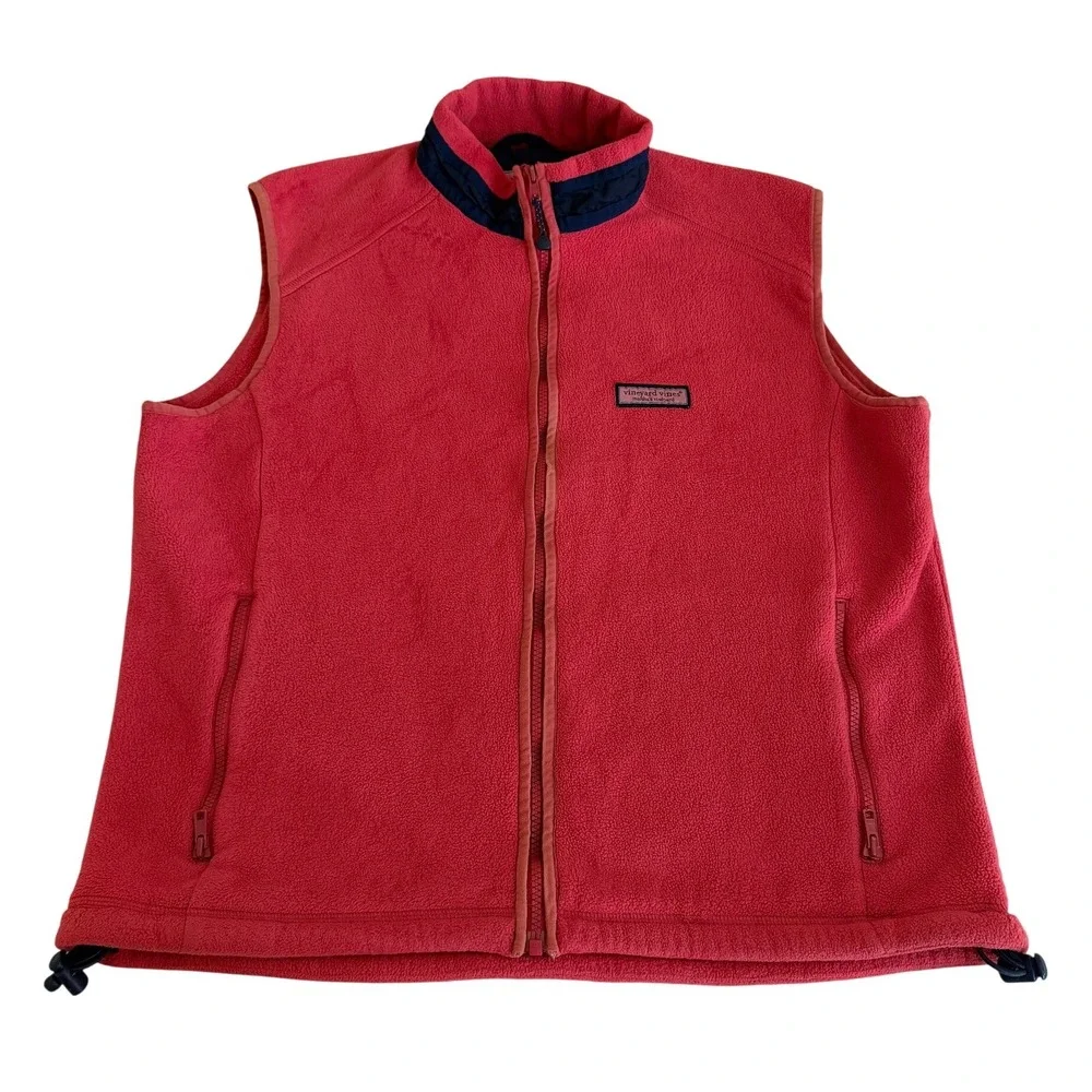 Vineyard Vines Women's Fleece Vest Large Coral Pink Full Zip Logo Pockets